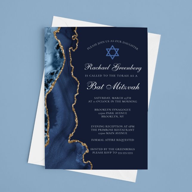Invitación Fiesta Bat Mitzvah de la Marina Blue Gold Agate (Subido por el creador)