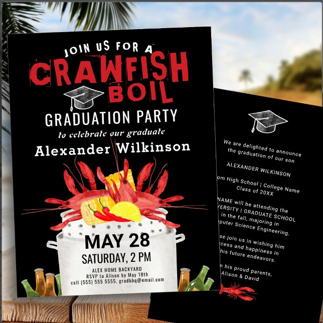 Invitación Fiesta BBQ de Graduación de Boil de Crawfish Negro (Subido por el creador)