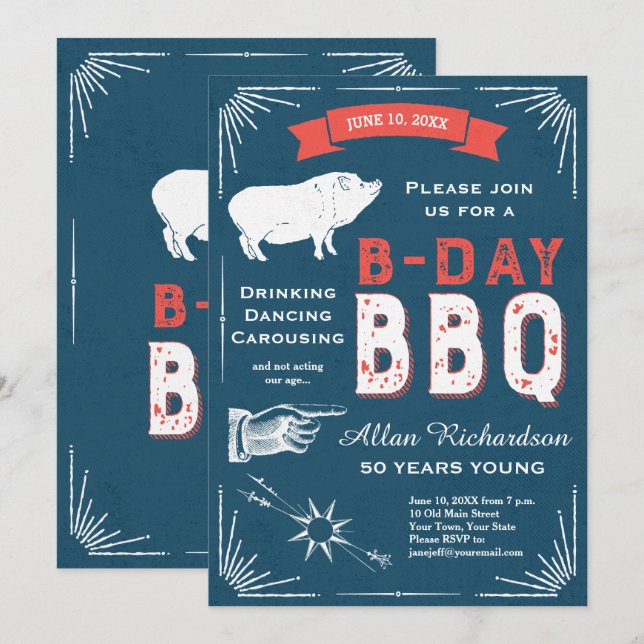 Invitación Fiesta BBQ por cumpleaños por cumpleaños número 50 (Anverso / Reverso)