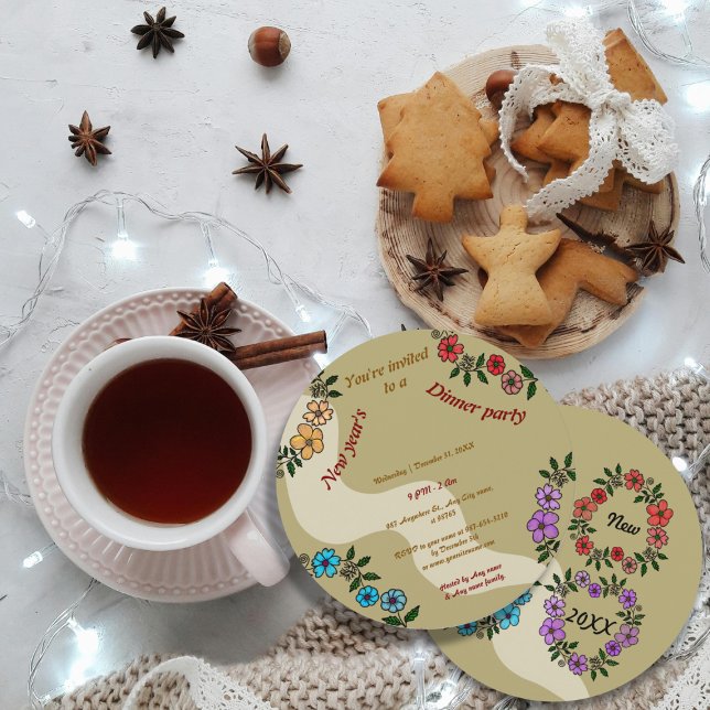 Invitación Fiesta beige de Año Nuevo con flores (Subido por el creador)