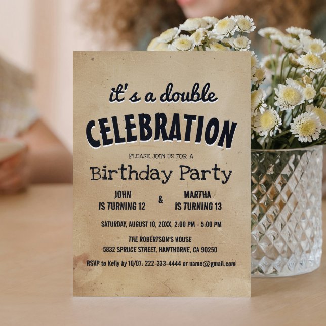 Invitación Fiesta beige simple y elegante de cumpleaños doble (Subido por el creador)