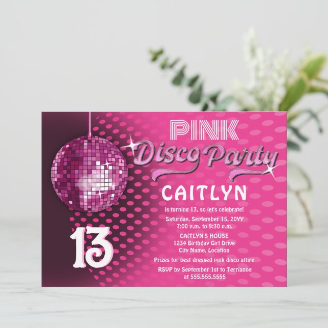 Invitación Fiesta Birday Pink Disco (Anverso de pie)