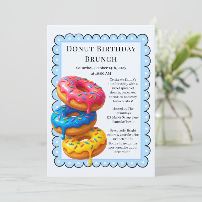Invitación Fiesta Birthday Brunch | Crepes y donuts (Anverso de pie)