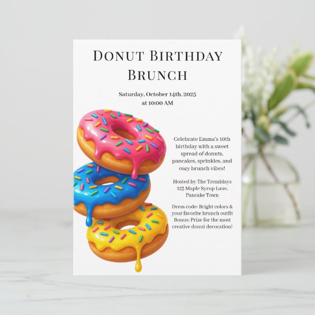 Invitación Fiesta Birthday Brunch | Crepes y donuts (Anverso de pie)
