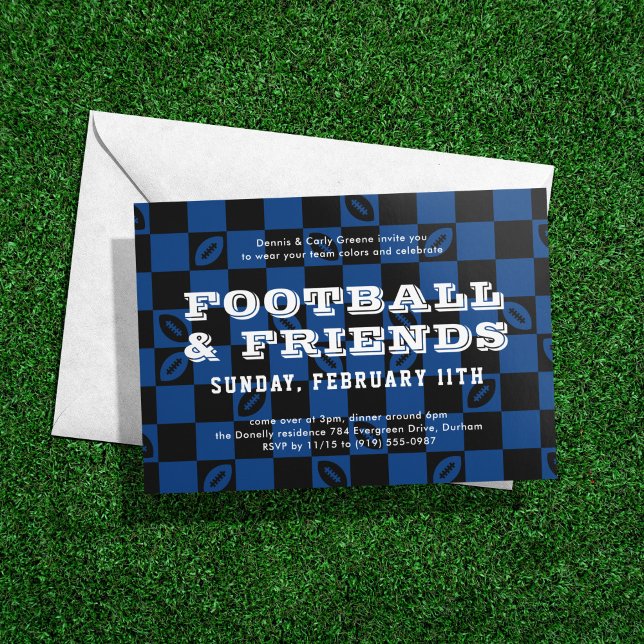 Invitación Fiesta Black Blue Checkerboard Football Game Watch (Subido por el creador)