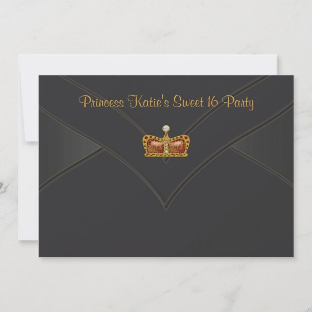 Invitación Fiesta Black Gold Princess Crown Sweet 16 (Anverso)