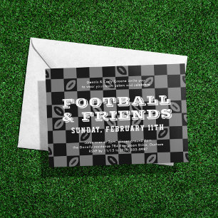 Invitación Fiesta Black Gray Checkerboard Football Game Watch