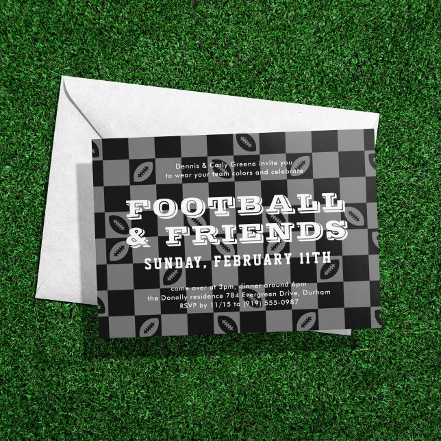 Invitación Fiesta Black Gray Checkerboard Football Game Watch (Subido por el creador)