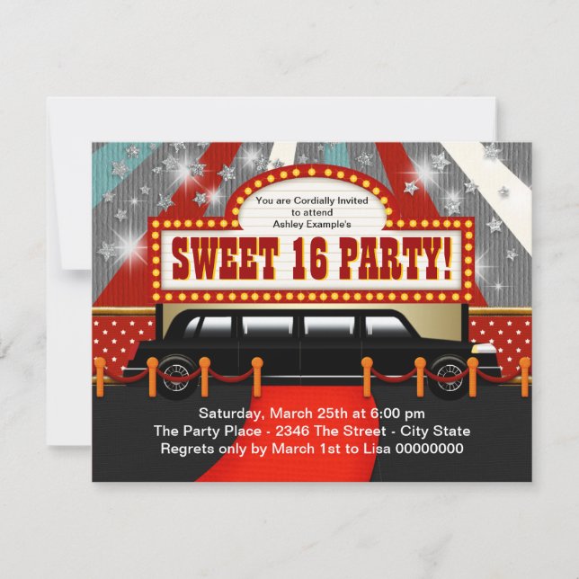 Invitación Fiesta Black Limo Movie Star Sweet 16 (Anverso)