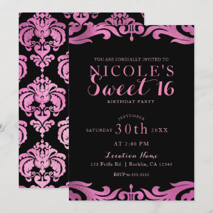 Invitación Fiesta Black & Pink Damask Chic Elegante Dulces 16