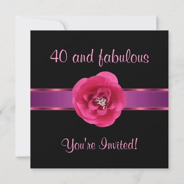 Invitación Fiesta Black Pink Flor Fabuloso 40 (Anverso)