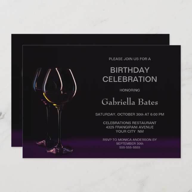 Invitación Fiesta Black Purple Birthday Wine Glass (Anverso / Reverso)