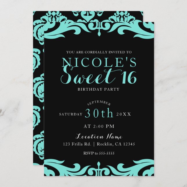 Invitación Fiesta Black & Teal Damask Chic Elegante Dulces 16 (Anverso / Reverso)