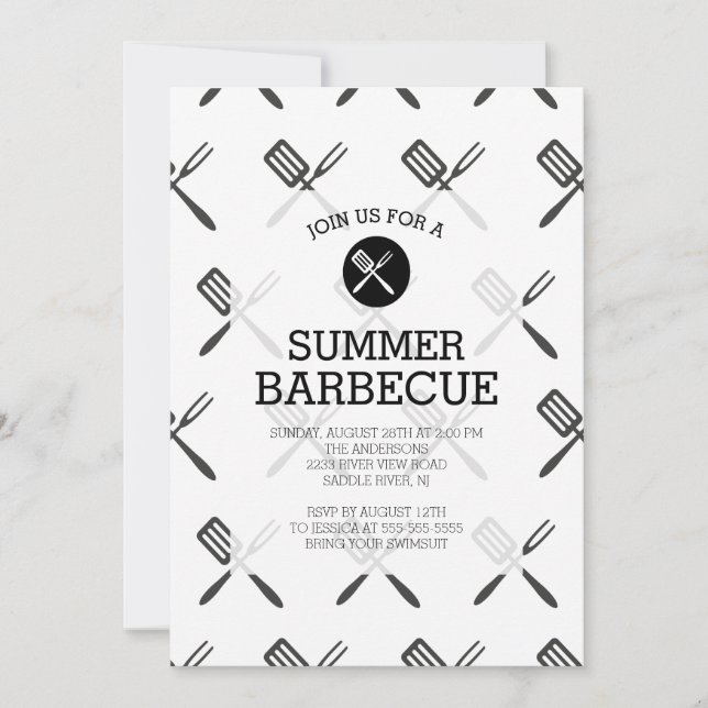 Invitación Fiesta blanco de la barbacoa del verano del negro (Anverso)