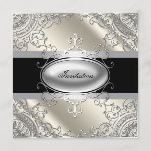 Invitación Fiesta blanco de plata negro del negro de marfil