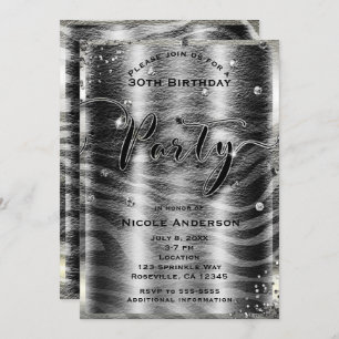 Invitación Fiesta blanco moderno Glam Black Zebra & Silver Bl