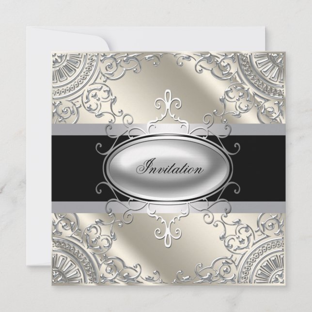 Invitación Fiesta blanco negro de marfil de plata negra (Anverso)