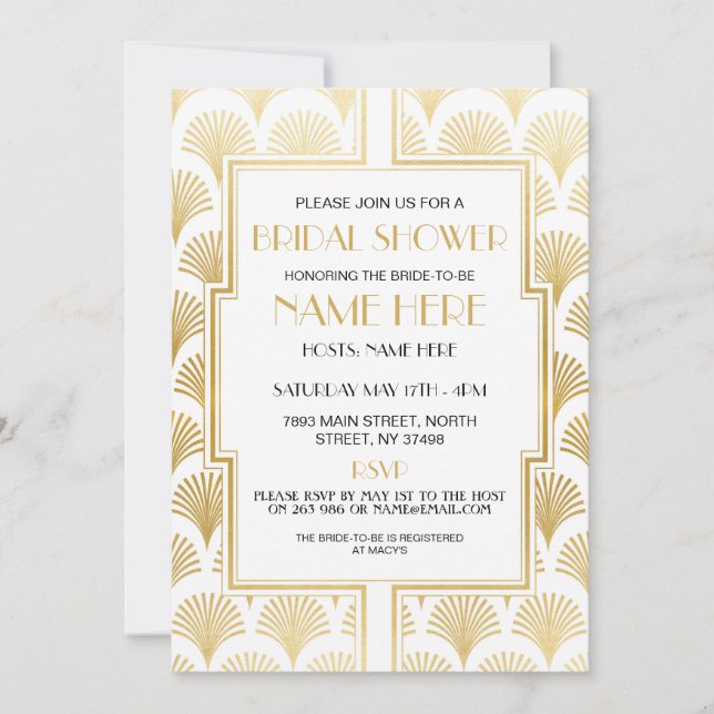 Invitación Fiesta blanco y dorado de Bridal Shower Art Deco d (Anverso)