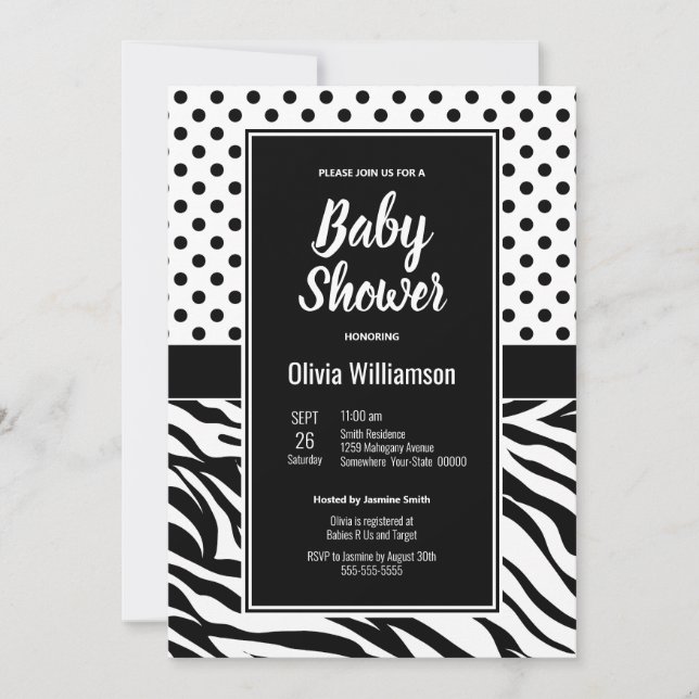 Invitación Fiesta blanco y negro de Baby Shower (Anverso)