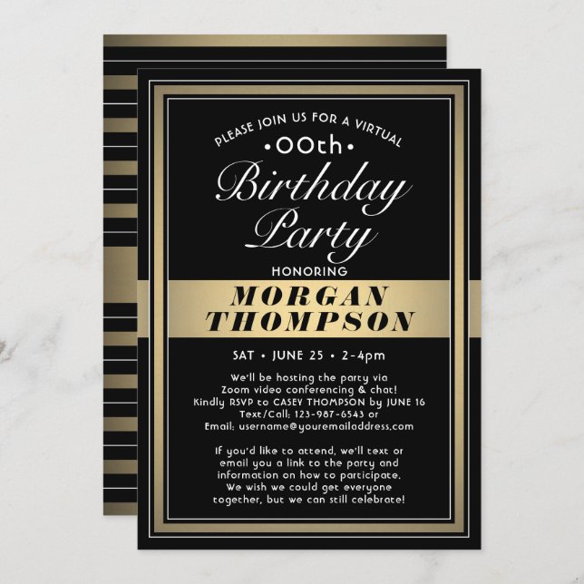 Invitación Fiesta blanco y negro de cualquier cumpleaños virt (Anverso / Reverso)