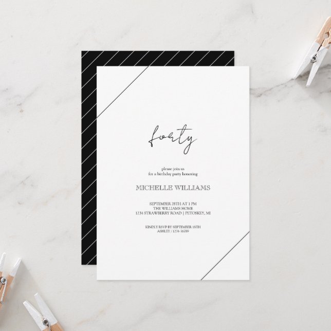 Invitación Fiesta Blanco Y Negro De Guión Moderno (Anverso/Reverso In Situ)