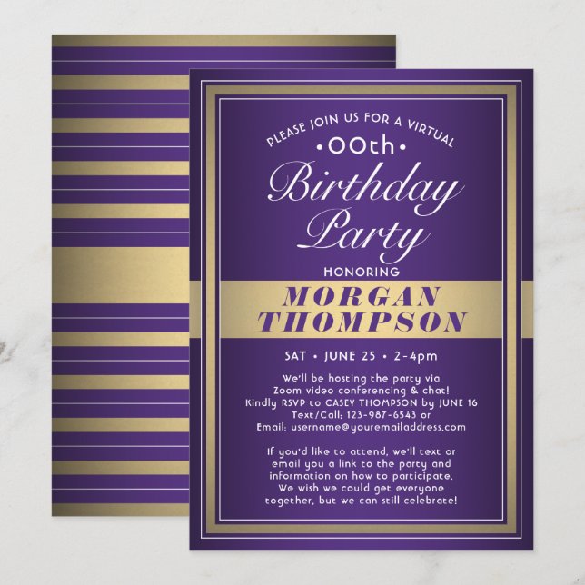 Invitación Fiesta blanco y oro púrpura de cualquier cumpleaño (Anverso / Reverso)