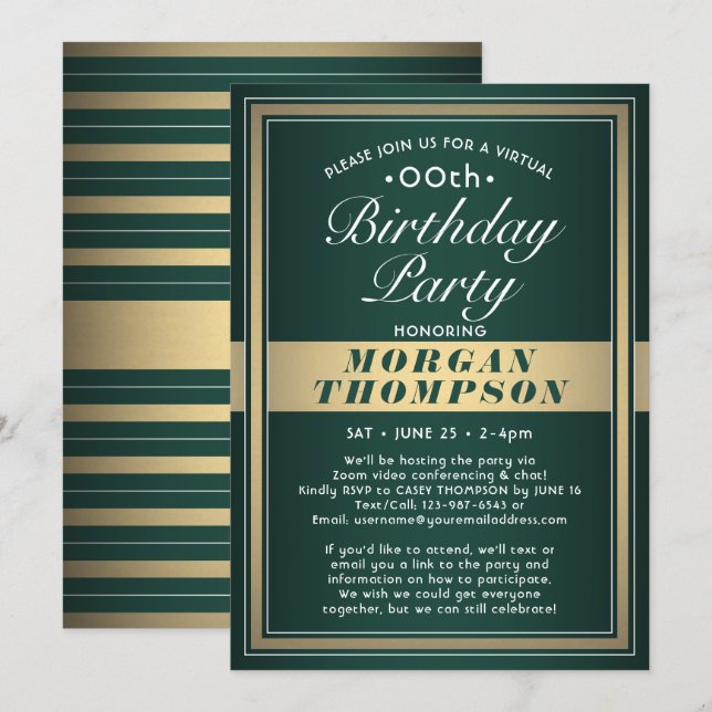 Invitación Fiesta blanco y oro verde de cualquier cumpleaños (Anverso / Reverso)