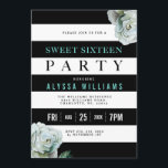 Invitación Fiesta blanco y verde azulado negro del dulce 16<br><div class="desc">Envíe sus invitaciones del fiesta del dulce 16 en estilo con esta plantilla rayada y trullo coloreada negra/blanca de la invitación de los rosas.
Todos los elementos de la invitación a son simplemente uso ajustable la función del personalizar.</div>