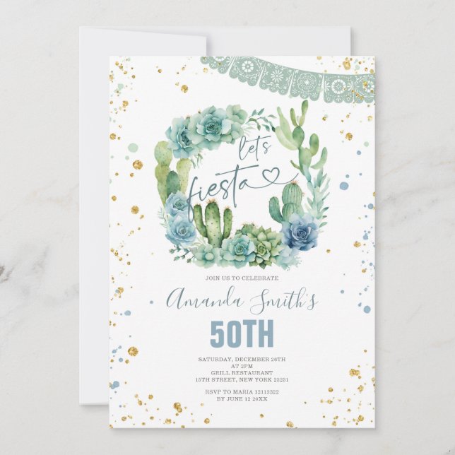 Invitación Fiesta Blue Cactus Floral Cualquier cumpleaños de  (Anverso)