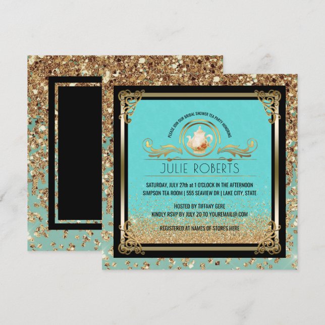 Invitación Fiesta Blue Gold con ducha de novia (Anverso / Reverso)