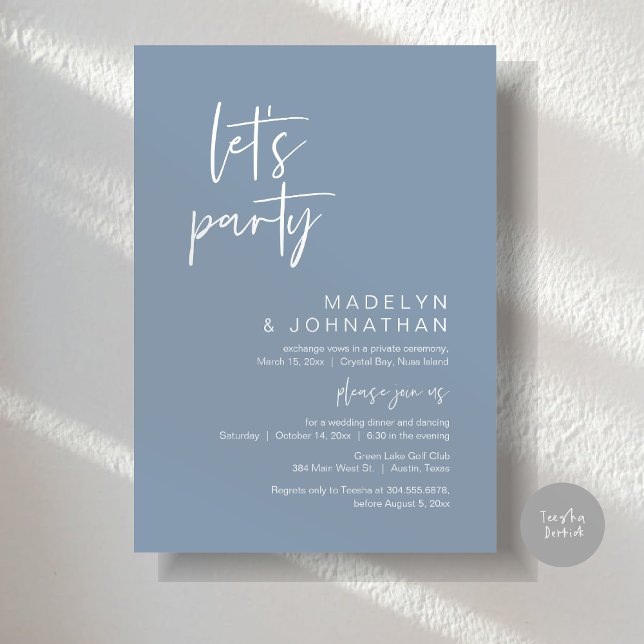 Invitación Fiesta, Boda Elopement Dinner y Dancing (Let's Party, Modern Wedding Elopement Dinner and Dancing Invitation Card, PDF, in Dusty Blue)