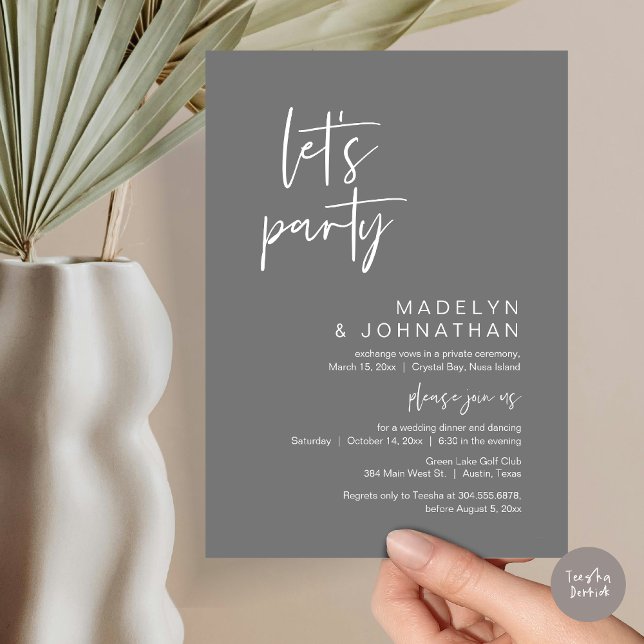 Invitación Fiesta, Boda Elopement Dinner y Dancing (Let's Party, Modern Wedding Elopement Dinner and Dancing Invitation Card, PDF, in Dark Grey)