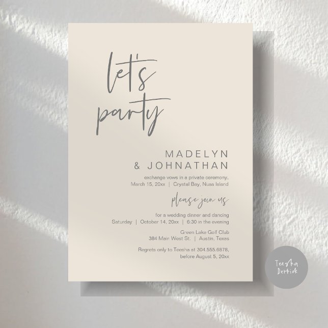 Invitación Fiesta, Boda Elopement Dinner y Dancing (Let's Party, Modern Wedding Elopement Dinner and Dancing Invitation Card, PDF, in Cream Grey)