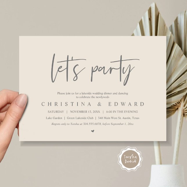 Invitación Fiesta, Boda Elopement, Minimalista moderno (Let's Party, Wedding Elopement Dinner Invitation Card, Printed and Digital File, in Grey and Cream)