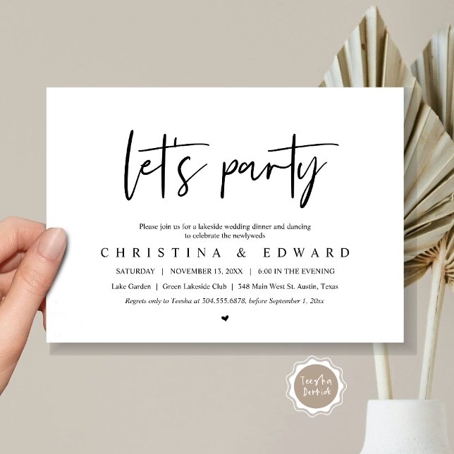 Invitación Fiesta, Boda Elopement, Minimalista moderno (Let's Party, Wedding Elopement Dinner Invitation Card, Printed and Digital File, in Black and White)