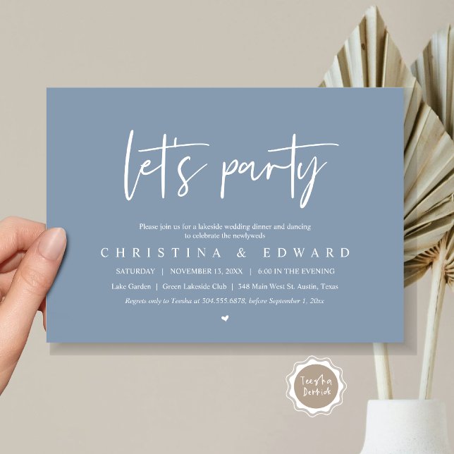 Invitación Fiesta, Boda Elopement, Minimalista moderno (Let's Party, Wedding Elopement Dinner Invitation Card, Printed and Digital File, in dusty blue)