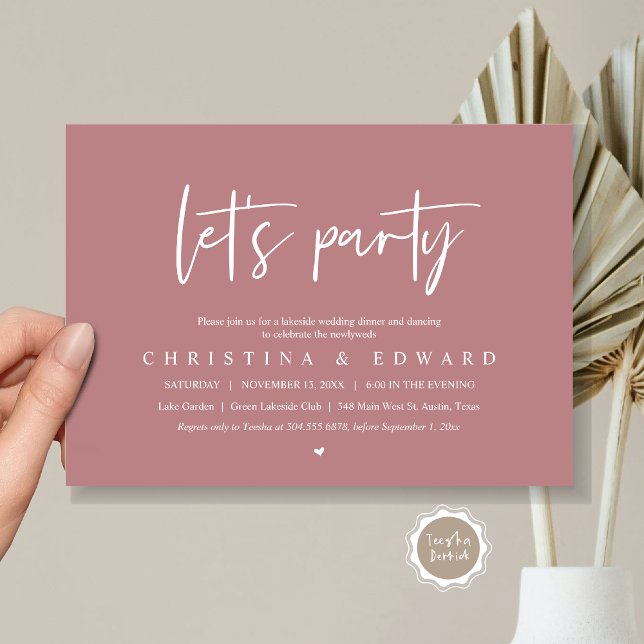 Invitación Fiesta, Boda Elopement, Minimalista moderno (Let's Party, Wedding Elopement Dinner Invitation Card, Printed and Digital File, in dusty rose pink)