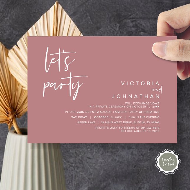 Invitación Fiesta, Boda Fiesta Elopement (Let's Party, Wedding Elopement Dinner Invitation Card, Modern Minimalist Script, in Dusty rose pink)