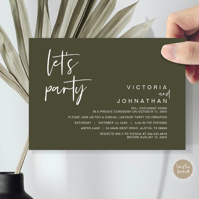 Invitación Fiesta, Boda Fiesta Elopement (Let's Party, Wedding Elopement Dinner Invitation Card, Modern Minimalist Script, in Olive green)