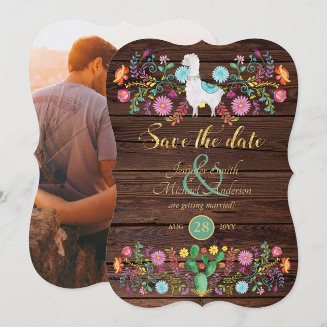 Invitación Fiesta Boda Guardar Fecha Llama Folk Flores (Anverso / Reverso)