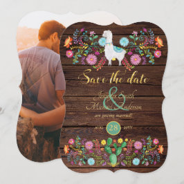 Invitación Fiesta Boda Guardar Fecha Llama Folk Flores