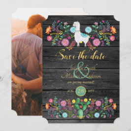 Invitación Fiesta Boda Guardar Fecha Llama Folk Flores