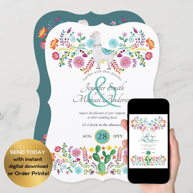 Invitación Fiesta Boda Llama Folk Flowers Cacti (Subido por el creador)