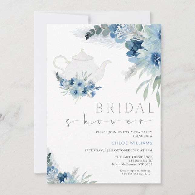 Invitación Fiesta Bohemio Floral Azul Tea (Anverso)
