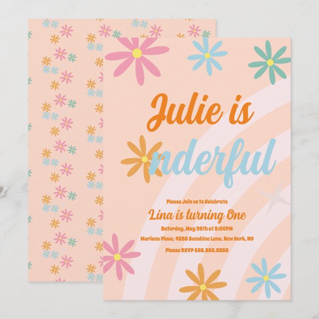 Invitación Fiesta Boho Arcoíris Terroso Primer Cumpleaños One (Anverso / Reverso)