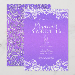 Invitación Fiesta Boho de Dulces 16 años con Encaje Morado Ro