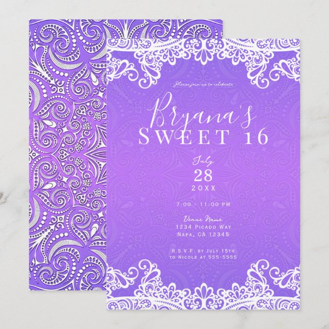 Invitación Fiesta Boho de Dulces 16 años con Encaje Morado Ro (Anverso / Reverso)