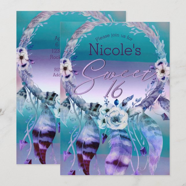 Invitación Fiesta Boho Sweet 16 atrapasueños púrpura y turque (Anverso / Reverso)