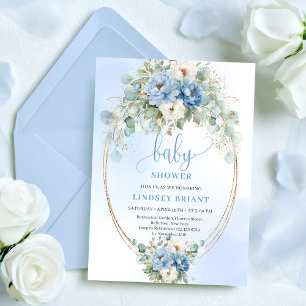 Invitación Fiesta Botánica Boho Flores Azules Eucalipto Baby 