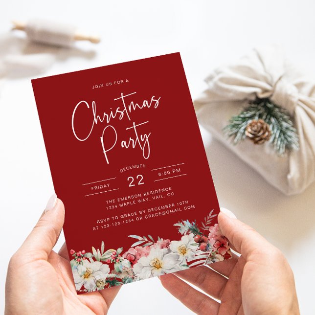 Invitación Fiesta Botánica de Navidad (Elegant Red Christmas Party Holiday Invitation Watercolor Berries Botanical Florals)